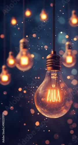 Warm glowing Edison bulbs illuminating a dark space with soft bokeh effects a...