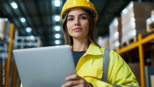 A woman wearing a yellow jacket and a hard hat is holding a tablet