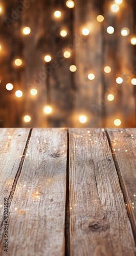 Warm glowing lights illuminate a rustic wooden floor in a cozy, inviting sett...