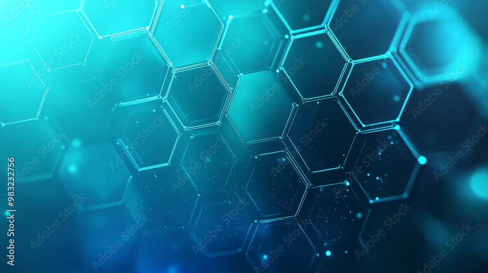 Fototapeta premium Hexagon grid on a gradient background from deep blue to light teal, with soft glowing edges, symbolizing interconnectivity in digital networks.