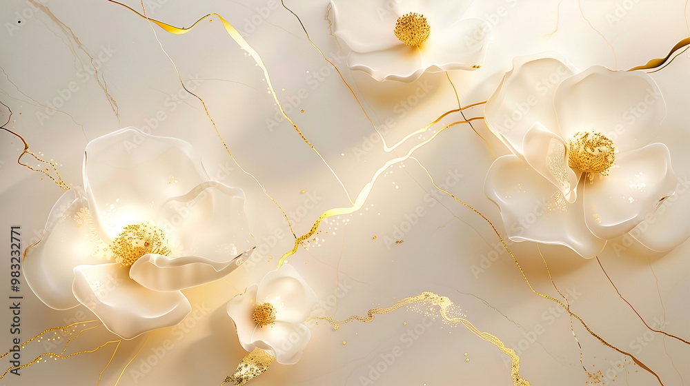 Elegant white flowers with golden accents on a marble ink background Elegant white flowers with golden accents on a marble ink background