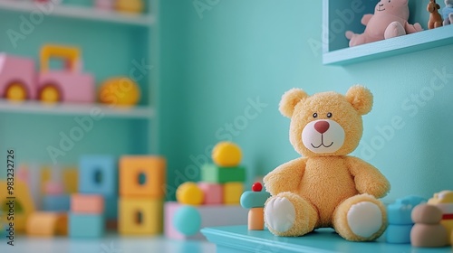 Cozy corner of a children's playroom featuring a cheerful yellow teddy bear a...