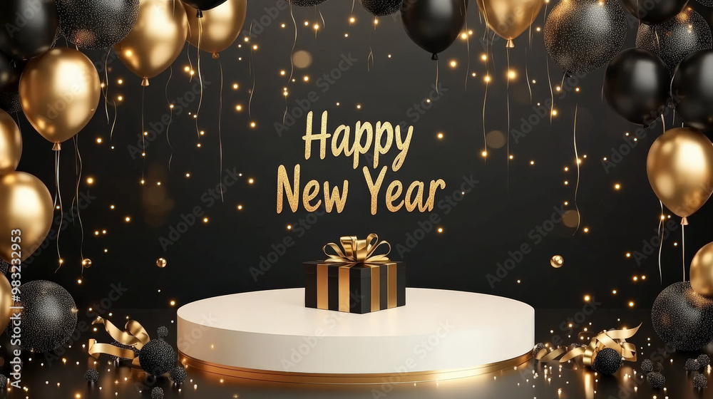 A sleek white podium with floating black and gold balloons, a gift box with shimmering ribbon, and elegant A sleek white podium with floating black and gold balloons, a gift box with shimmering ribbon, and elegant