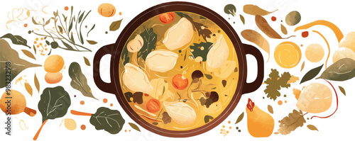 Craft a whimsical illustration of pelmeni floating in a soup pot, surrounded by floating herbs and spices, creating a playful and appetizing image. Vector flat minimalistic isolated illustration.