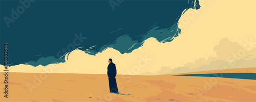 Craft an illustration of a lone figure standing under looming dark clouds, symbolizing solitude and contemplation in the face of nature's might. Vector flat minimalistic isolated illustration.