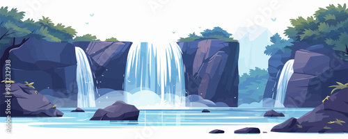A tranquil waterfall, its cascading waters creating a sense of serenity, representing the beauty of nature, placed on a stark white backdrop. Vector flat minimalistic isolated illustration.