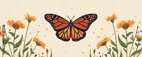 Monarch butterfly perched on a daisy. Vector flat minimalistic isolated illustration.