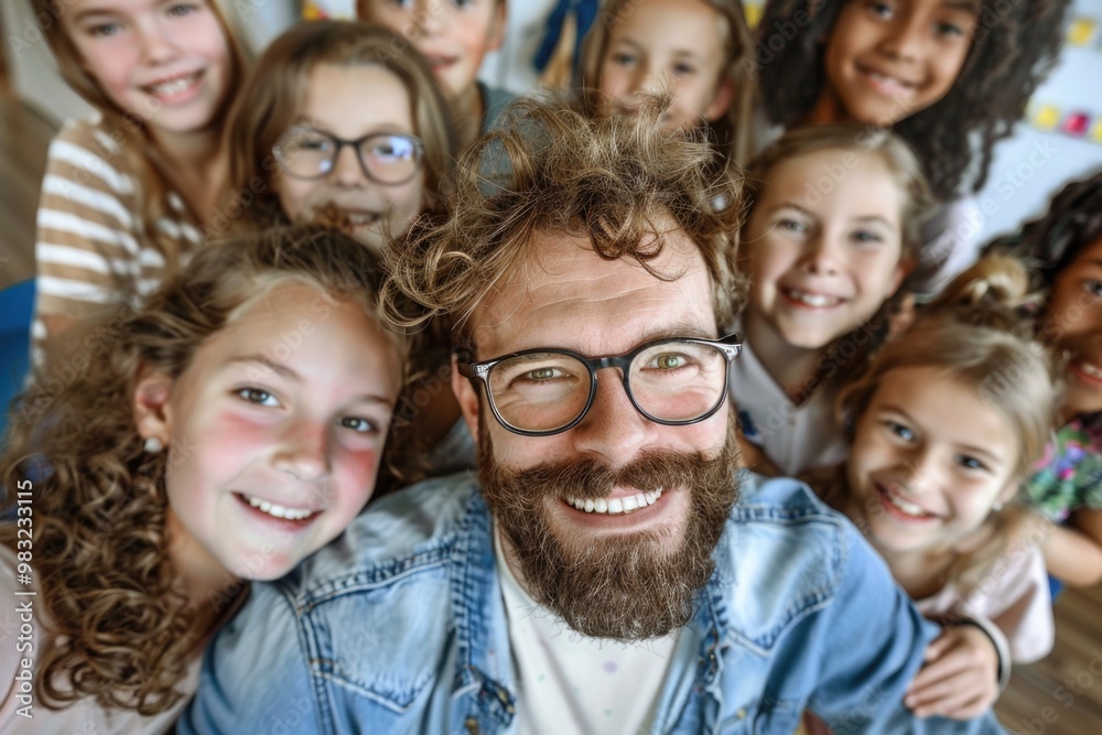 A man is taking a selfie with a group of happy children, smiling and laughing together A man is taking a selfie with a group of happy children, smiling and laughing together
