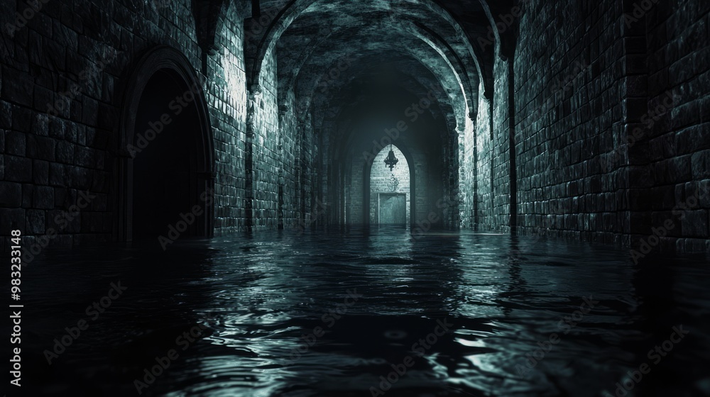 Fototapeta premium Submerged Mystery - 3D Visualization of Eerie Dungeon with Dark Water and Distant Echoes Reverberating