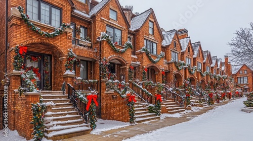 A series of interconnected brick townhouses with holiday decorations, their shared walls helping to keep heat in and cold out during festive winter celebrations photo