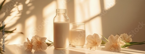 Natural light illuminating a bottle and glass of milk with delicate flowers n...