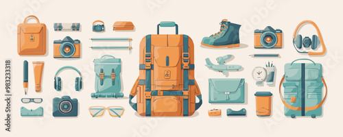 Travel essentials on a plain white backdrop. Vector flat isolated illustration.