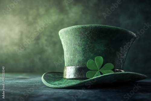 Green felt hat with a clover on a textured backdrop for St. Patrick's Day