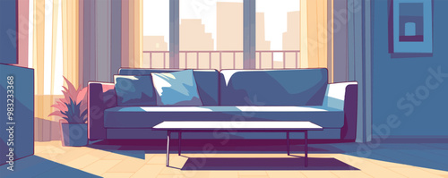 Create a serene image of a vacant lounge area with muted colors. Vector flat minimalistic isolated illustration.