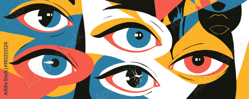 Create an abstract illustration of multiple eyes overlapping, symbolizing perception and awareness. Vector flat minimalistic isolated illustration.