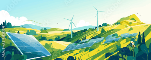 Create an artwork depicting renewable energy sources like wind turbines and solar panels in a scenic landscape. Vector flat minimalistic isolated illustration.