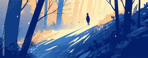 Create an artwork showing a person walking alone through a peaceful forest trail. Vector flat minimalistic isolated illustration.