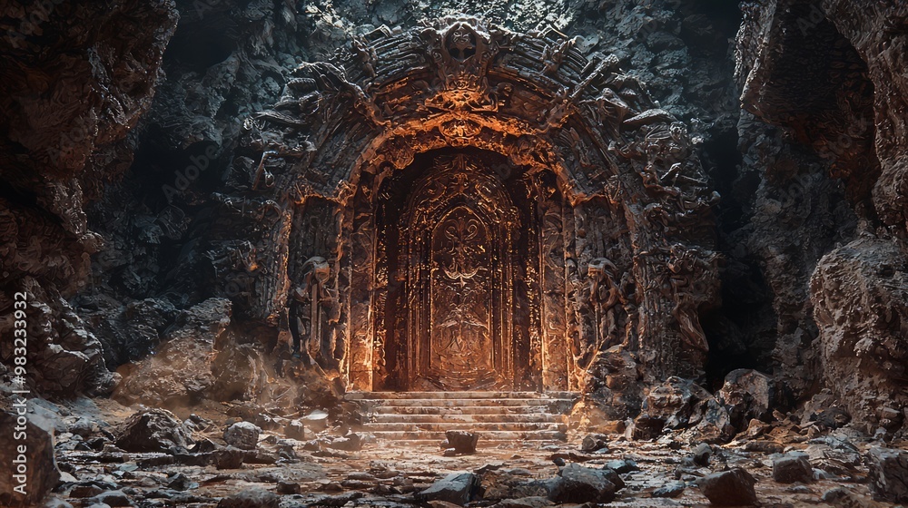 Fototapeta premium Enigmatic Dark Fantasy Dungeon with Intricate Stone Door and Mysterious Aura in 3D Visualization