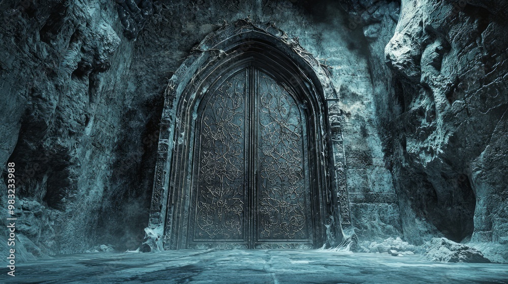 Enigmatic Dark Fantasy Dungeon with Intricate Carvings and Massive Stone Door in 3D Visualization Enigmatic Dark Fantasy Dungeon with Intricate Carvings and Massive Stone Door in 3D Visualization
