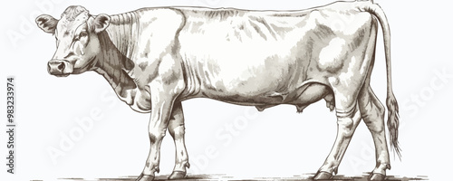 Dairy cow standing in full length, side view in sketch style. Hand drawn vintage illustration. Farm animal isolated. vector simple illustration