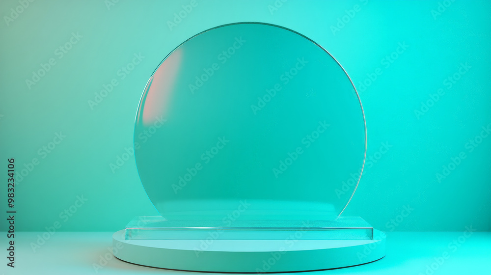 A futuristic 3D podium with a translucent glass pedestal on a gradient turquoise-to-green background, perfect for tech product display.