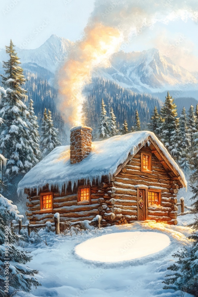 Fototapeta premium Cozy log cabin in a snowy forest landscape at dusk with warm lights glowing from the windows