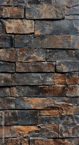 Textured wall of dark stone bricks with warm undertones in natural sunlight