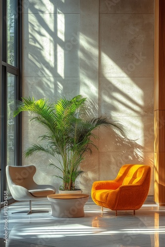 Cozy seating area with modern chairs and indoor palm plant in a sunlit room