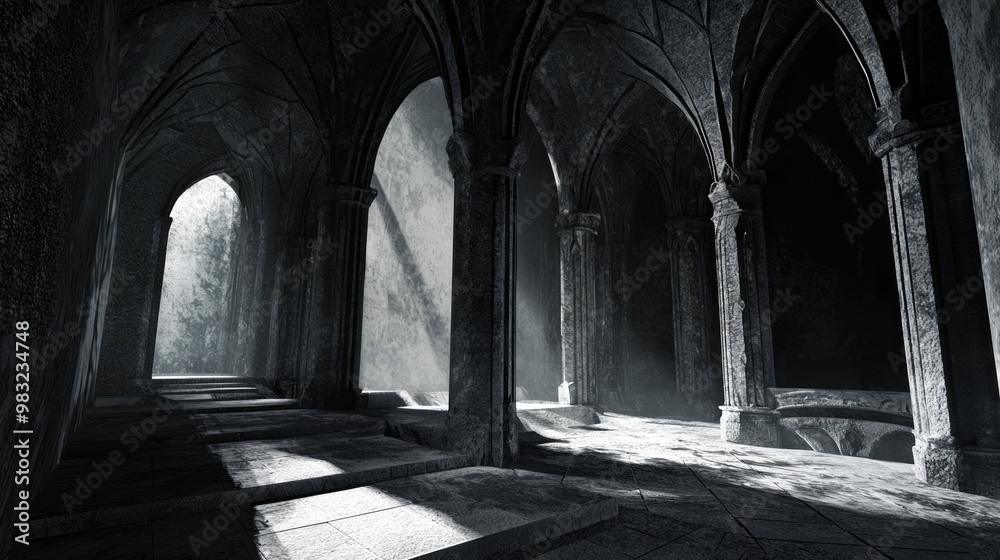 Naklejka premium Twisted Dungeon of Suspense: 3D Render with Traps and Dark Shadows