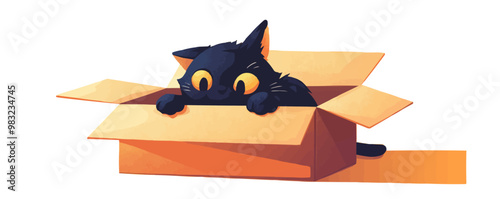 Curious kitten exploring a cardboard box, adorable mischief vector flat minimalistic isolated illustration