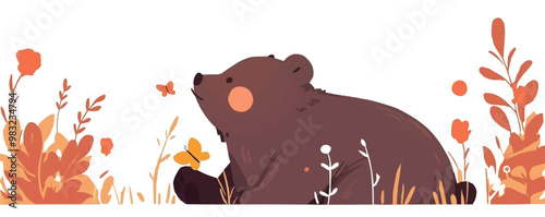 Cute bear cub playing with a butterfly, Vector flat minimalistic isolated illustration