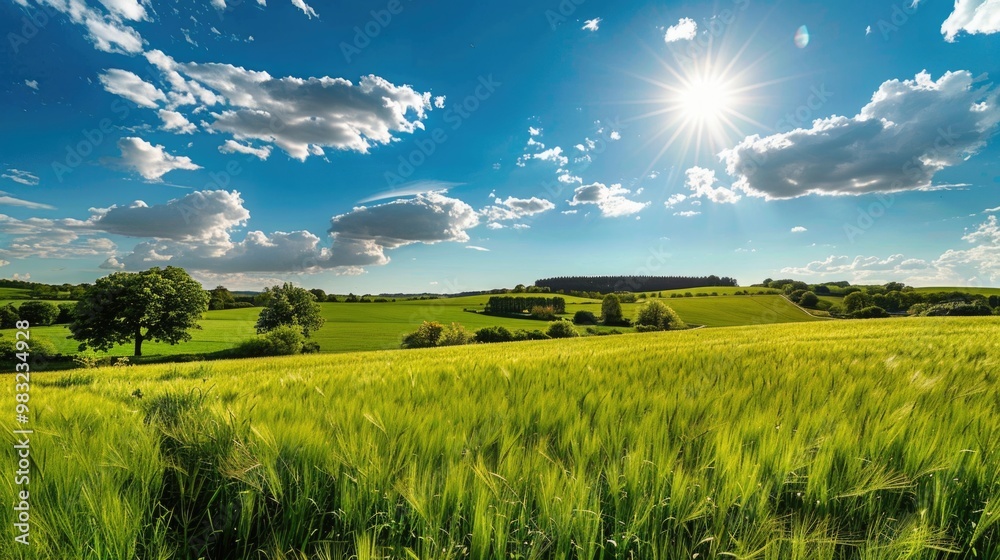Fototapeta premium A serene scene with lush green grass and a clear blue sky, ideal for use in nature-inspired designs or as a background