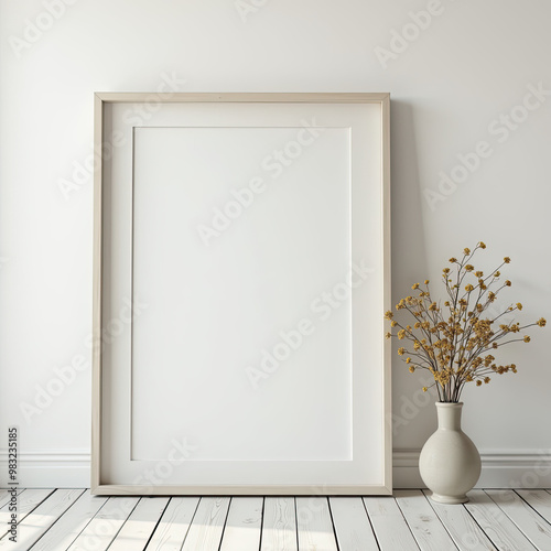 ectangular picture frame on white wall with blank paper in it. You can place your image in this frame. Interior photo. Painting, poster, photograph. Decorate your apartment in a modern style photo