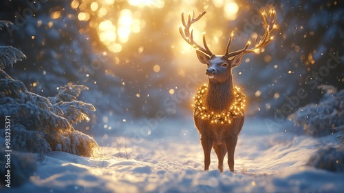 A deer adorned with lights stands amidst a winter wonderland filled with glow...