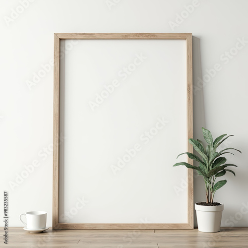 ectangular picture frame on white wall with blank paper in it. You can place your image in this frame. Interior photo. Painting, poster, photograph. Decorate your apartment in a modern style photo