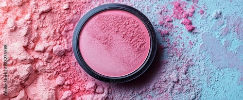 Soft pink blush powder surrounded by colorful makeup pigments on a light surface