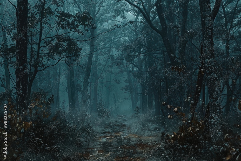 Fototapeta premium A winding path through dense trees and shadows in a dark forest, with potential for mysterious or adventurous uses