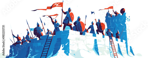 Depict a group of warriors storming a fortified wall with ladders and siege equipment. Vector flat minimalistic isolated illustration.