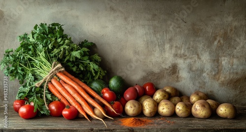 Fresh vegetables and herbs arranged on a rustic wooden table for healthy cooking