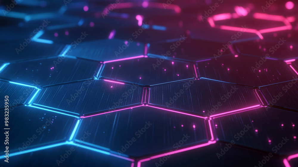 Fototapeta premium Abstract hexagonal grid with glowing neon pink and blue lines, on a dark gradient background, representing a dynamic and high-tech digital network.