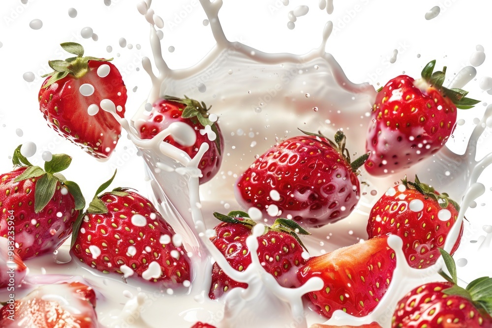 Strawberries falling into a glass of milk Strawberries falling into a glass of milk