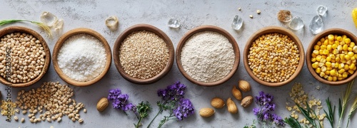 Various seeds and grains displayed in bowls alongside herbs and flowers on a ...
