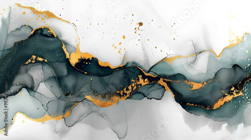 Elegant marble ink background with waves of teal and gold accents flowing across the canvas