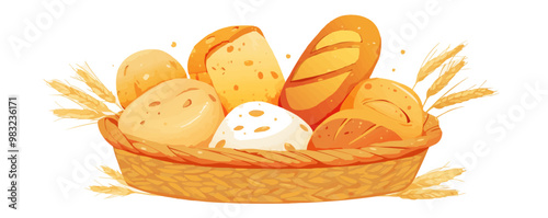 Design a rustic bread basket filled with freshly baked bread loaves and rolls. Vector flat minimalistic isolated illustration.