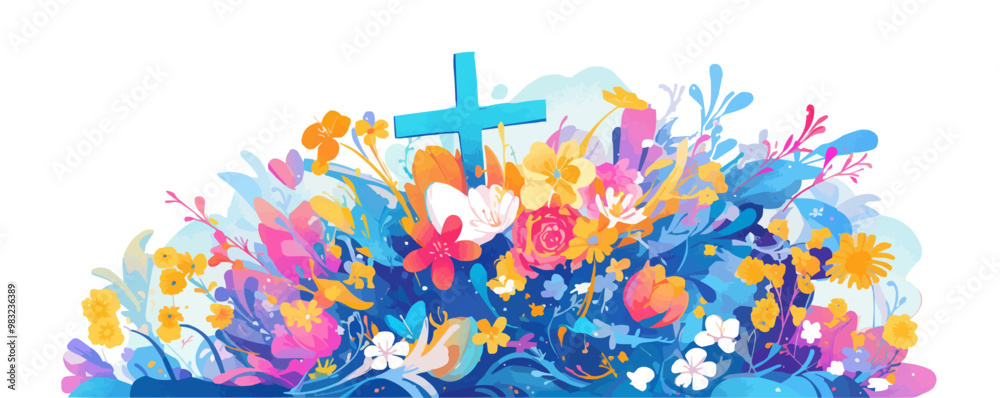 Design an abstract illustration of a cross adorned with spring flowers, representing the religious significance of Easter. Vector flat minimalistic isolated illustration.