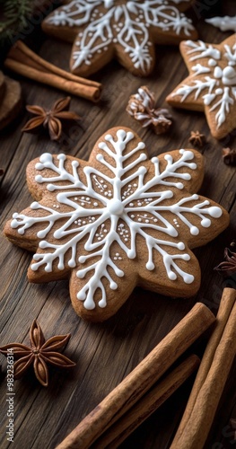 Gingerbread snowflake cookies and cinnamon sticks on a wooden table for winte...