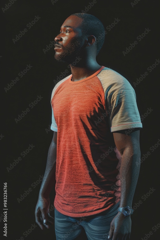 A person wearing a red and white striped shirt stands in front of a dark or black background A person wearing a red and white striped shirt stands in front of a dark or black background