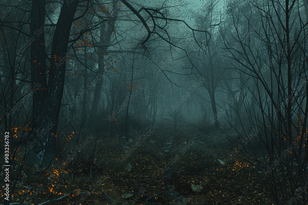 Naklejka premium A serene and mysterious forest scene with a winding path leading through dense trees