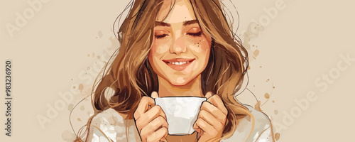 Beautiful smiling girl holding a cup of coffee retro hand drawn. vector simple illustration