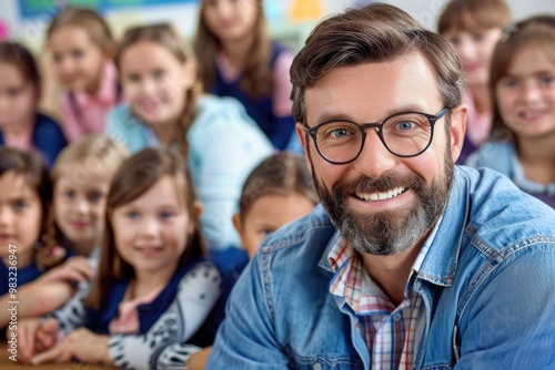 A man sitting with a group of children, possibly a teacher or leader